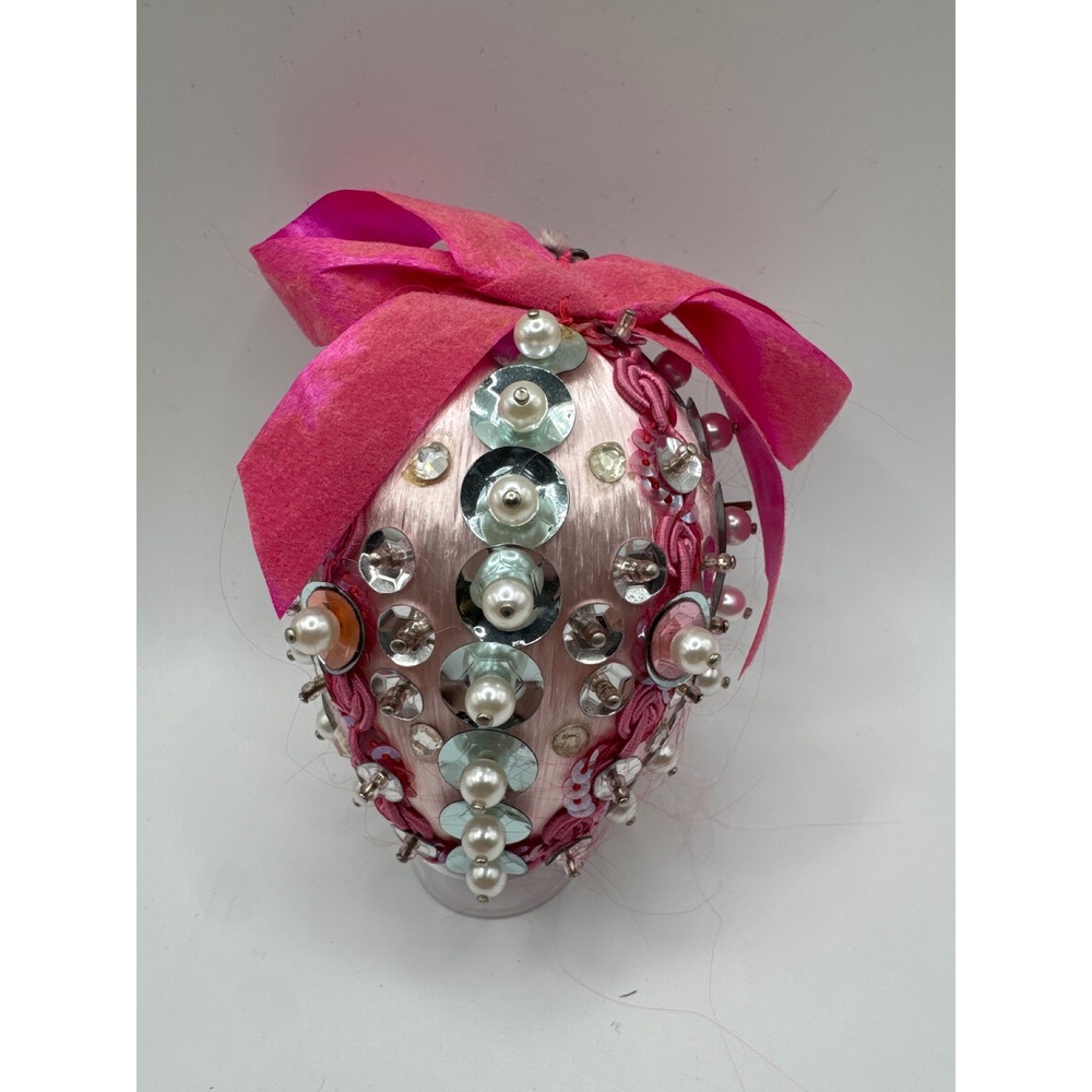 Vintage Pink Satin Egg Ornament Handmade Sequin Faux Pearl Ribbon 4 Inch 0189